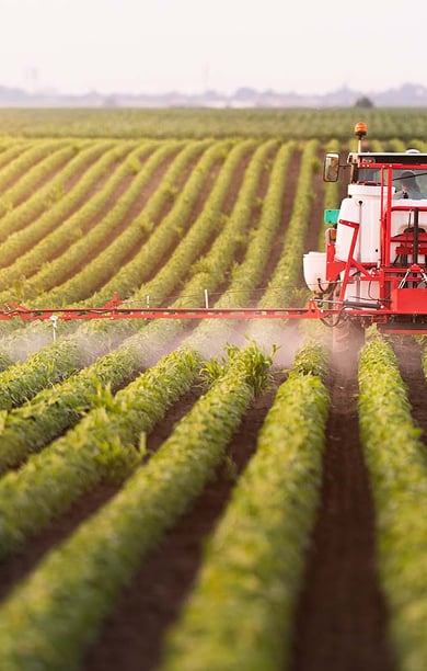 Tractor on farm spraying chemicals over rows of crops